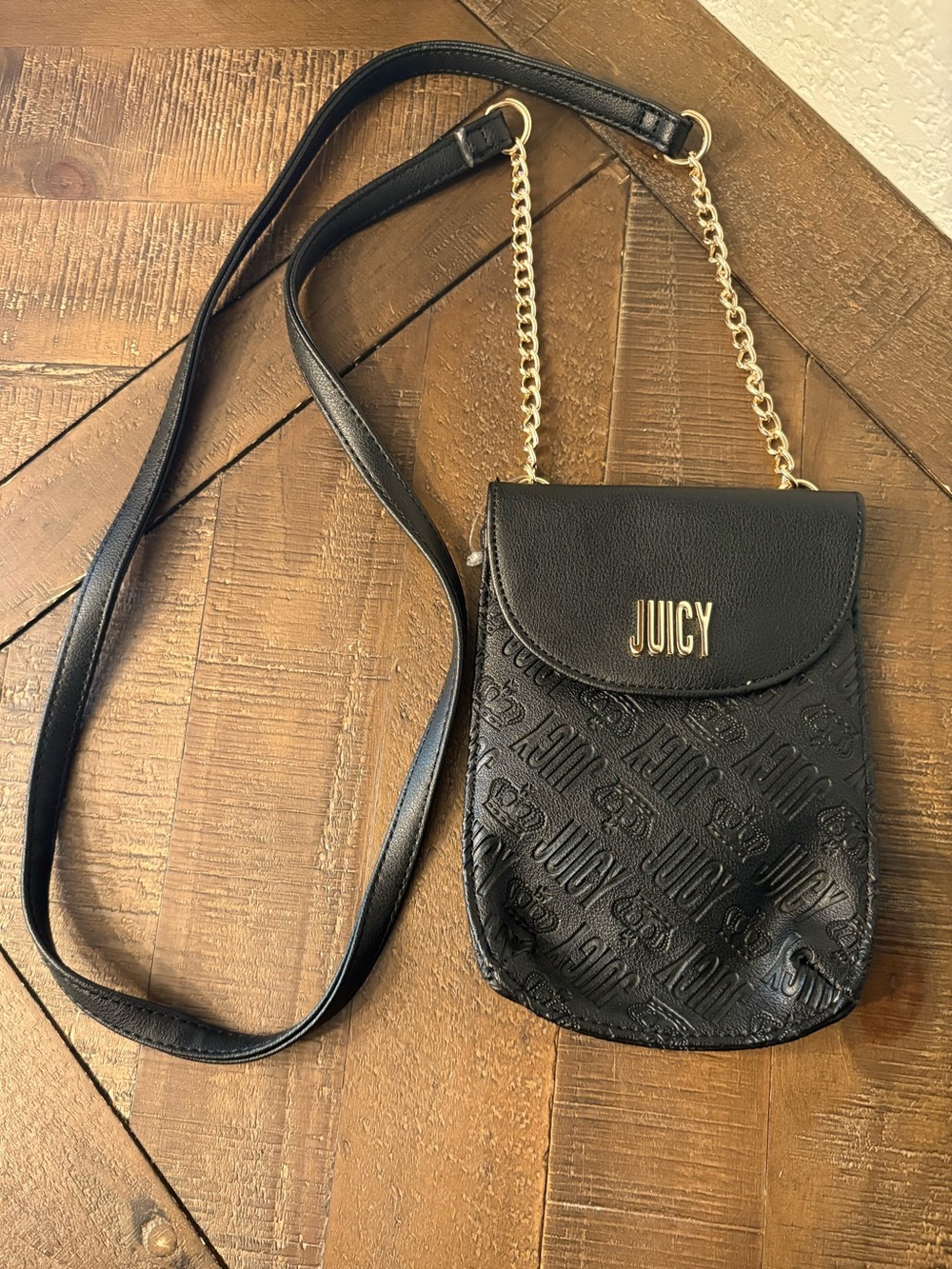 Juicy Couture Black Crossbody Phone Pouch with Gold Chain Accent